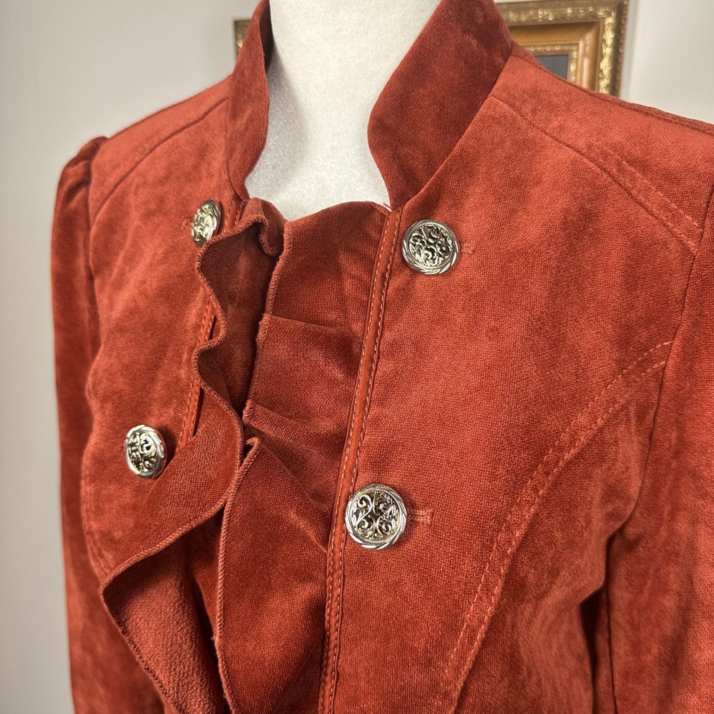 Cass Rust Military Style Jacket - SIZE S Ruffle Velvet Gold Buttons Lightweight - Picture 3 of 7